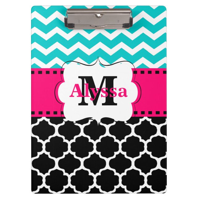 Teal Pink Black Chevron Quatrefoil Personalised Clipboard (Front)