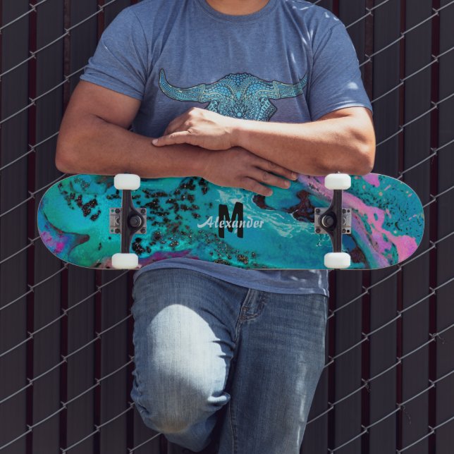 Teal Pink Black Fluid Abstract Monogram Name Skateboard (Outdoor 3)