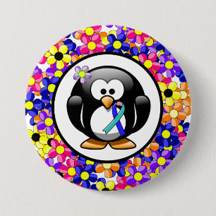 Teal/Pink/Blue Ribbon Penguin 7.5 Cm Round Badge