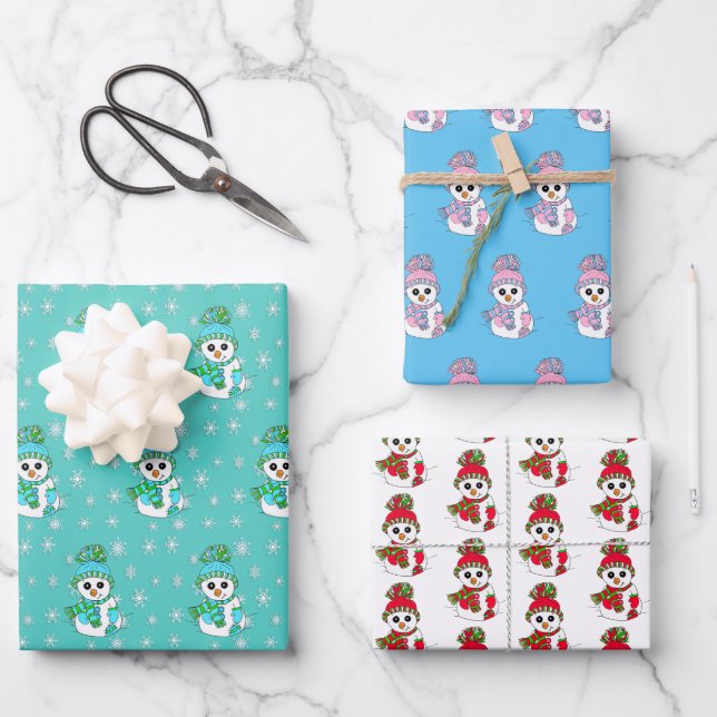 Teal, Pink, Blue Snowman Christmas Wrapping Paper Sheet (Front)