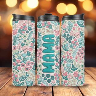 Teal Pink Boho Flowers 3D Inflated Mama Thermal Tumbler