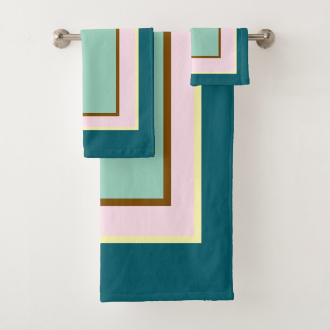 Teal Pink Brown Block Pattern Bath Towel Set (Insitu)