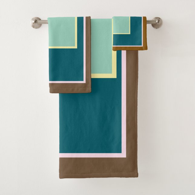 Teal Pink Brown Block Patterned Bath Towel Set (Insitu)