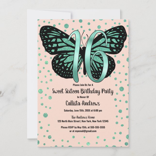 Teal Pink Butterfly Glitter Confetti Sweet 16 Invitation (Front)