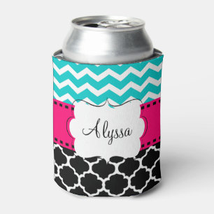 Teal Pink Chevron Quatrefoil Personalised Can Cooler