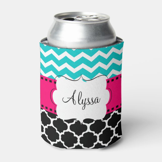 Teal Pink Chevron Quatrefoil Personalised Can Cooler (Can Front)