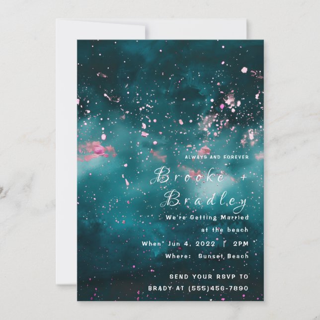 Teal & Pink Cosmic Splatter Wedding Invitation (Front)