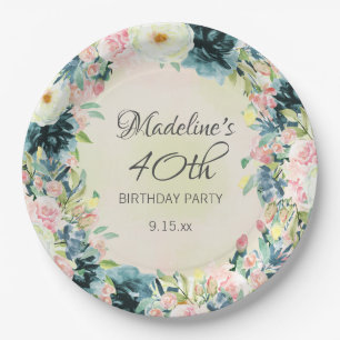 Teal Pink Cream Floral Women's 40th Birthday  Paper Plate