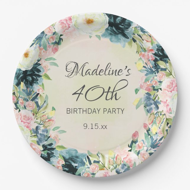 Teal Pink Cream Floral Women's 40th Birthday  Paper Plate (Front)