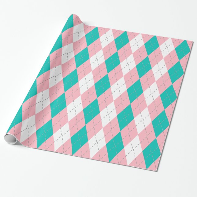 Teal Pink Dk Grey Wht XL Argyle Wrapping Paper (Unrolled)