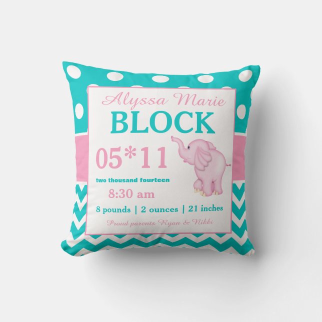 Teal Pink Elephant Baby Announcement Pillow (Front)