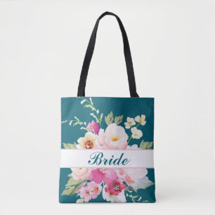 Teal Pink Floral Bride Tote Bag