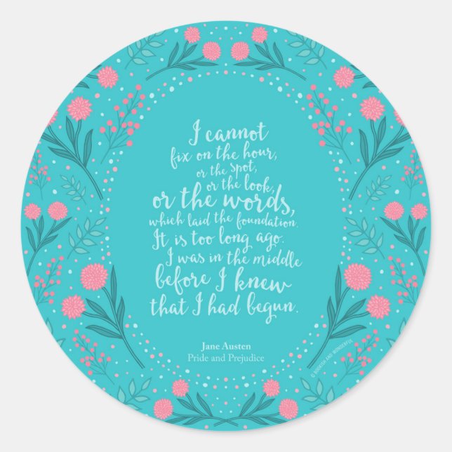 Teal & Pink Floral Jane Austen Pride and Prejudice Classic Round Sticker (Front)