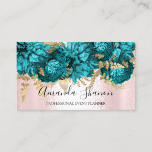 Teal Pink Flowers Rose Gold Logo Event Planner Business Card