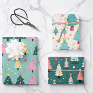 Teal Pink Fun Christmas Trees Wrapping Paper Sheet