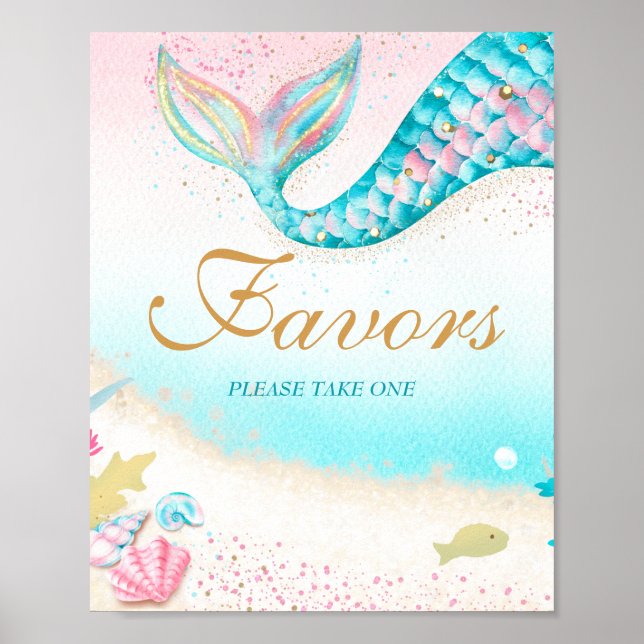 Teal Pink Gold Glitter Mermaid Tail Favours Sign (Front)