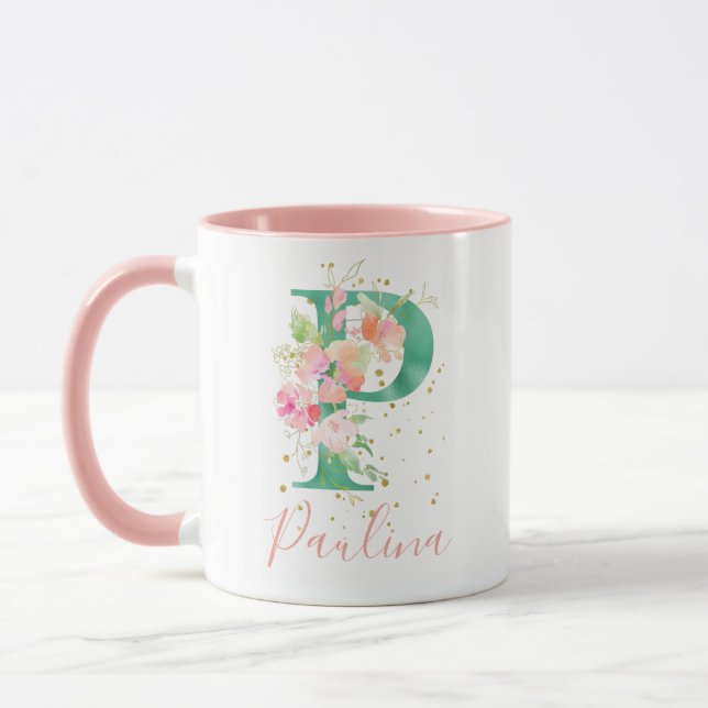 Teal Pink Gold Watercolor Floral Monogram P Mug (Left)