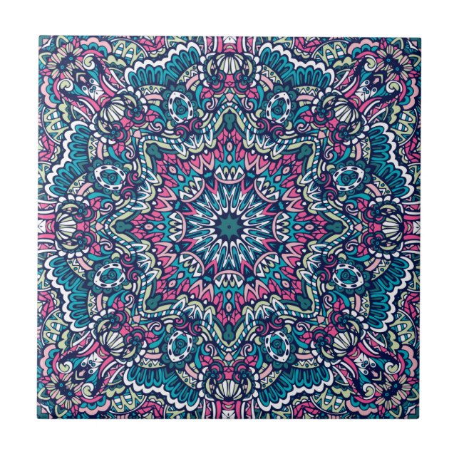 Teal, Pink, Green & Navy Vibrant  Boho Mandala Tile (Front)