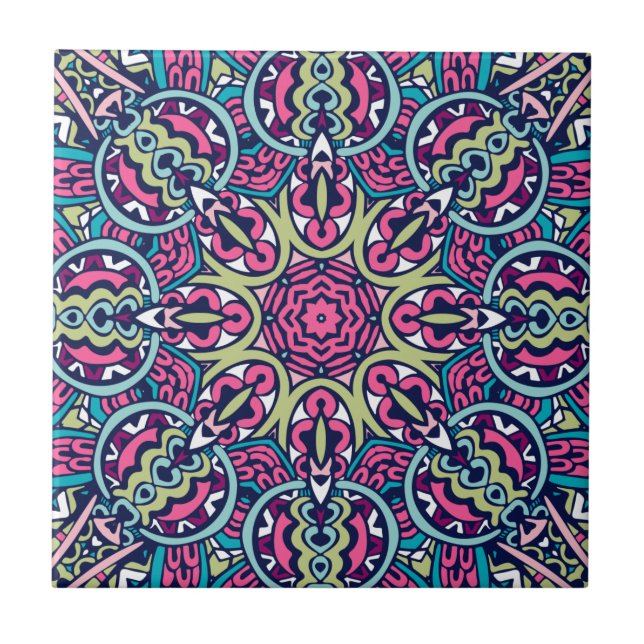 Teal, Pink, Green & Navy Vibrant Boho Mandala Tile (Front)