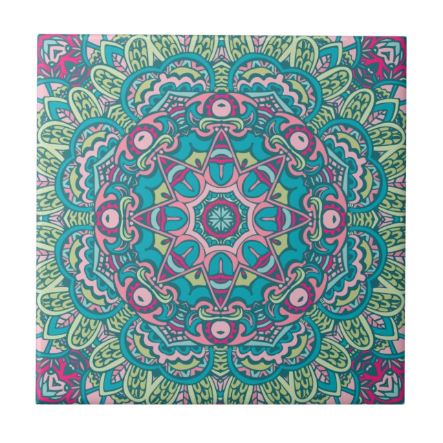 Teal, Pink, Green & Yellow Boho Mandala Decorative Tile (Front)