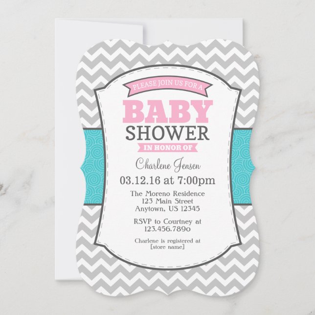 Teal Pink Grey Chevron Baby Shower Invitation (Front)