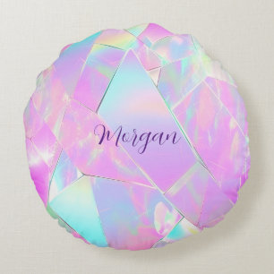 Teal & Pink Iridescent Design, Script Name Round Cushion