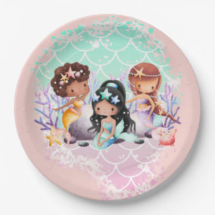 Teal Pink Mermaid Friends Under the Sea Paper Plate