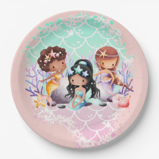 Teal Pink Mermaid Friends Under the Sea Paper Plate