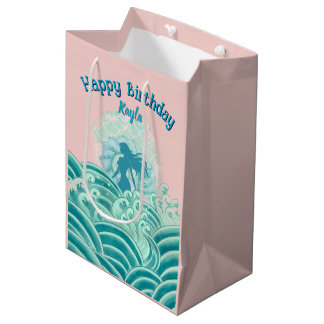 Teal Pink Mermaid Ocean Waves Birthday Party Girl Medium Gift Bag