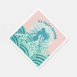 Teal Pink Mermaid Ocean Waves Birthday Party Girl Napkin