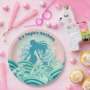 Teal Pink Mermaid Ocean Waves Birthday Party Girl Paper Plate