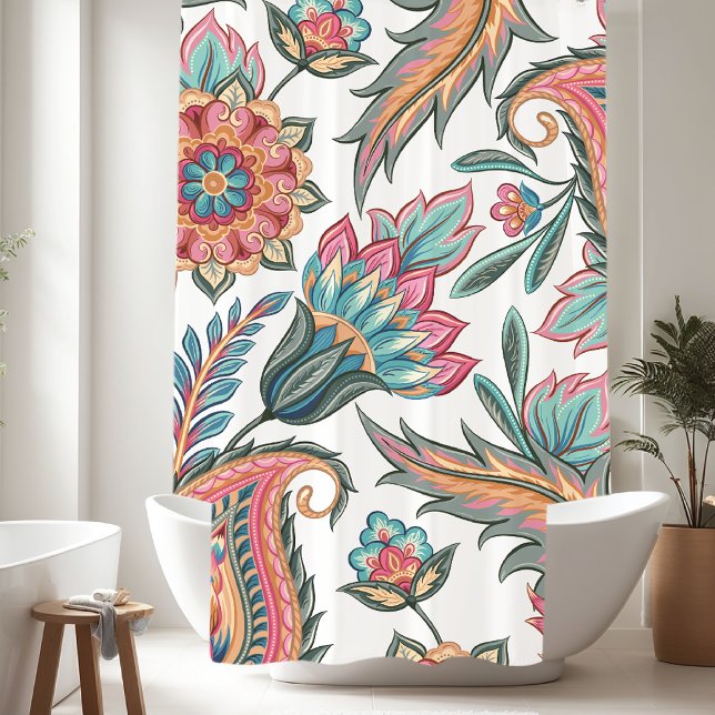 Teal, Pink Orange Paisley Floral Shower Curtain (Creator Uploaded)