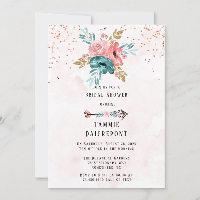 Teal & Pink Peony Flowers Bridal Shower Invitation (Front)