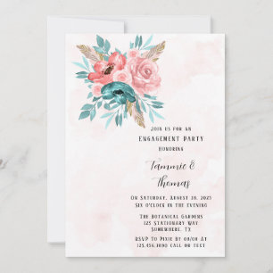 Teal & Pink Peony Flowers Engagement Party Invitation