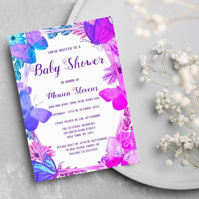 Teal Pink Purple Floral Butterfly Baby Shower  Invitation (Teal Pink Purple Floral Butterfly Baby Shower Invitation)