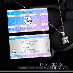 Teal Pink Purple Glitter Stars and Logo Silver Business Card