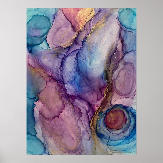 Teal, Pink, Purple & Gold Abstract Alcohol Ink Art Poster (Front)