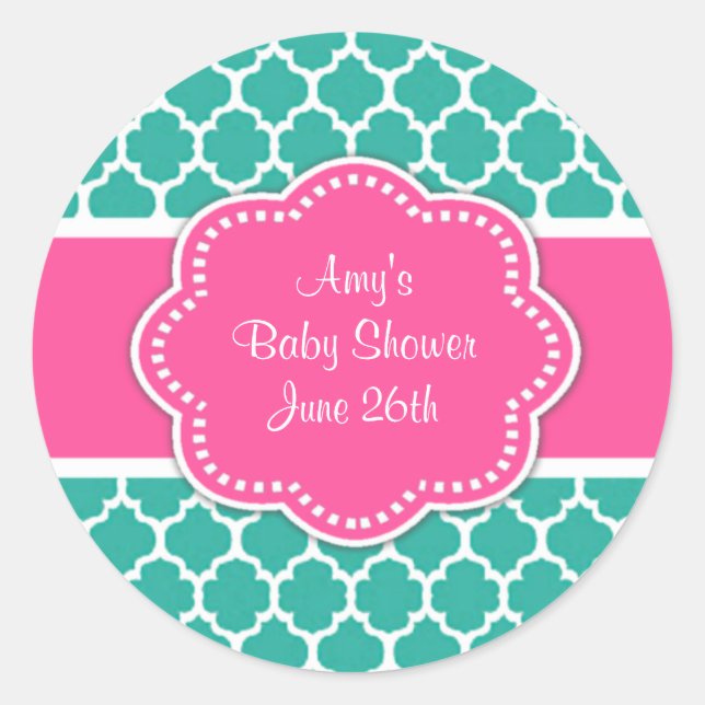 Teal Pink Quatrefoil Baby Shower or Birthday Classic Round Sticker (Front)