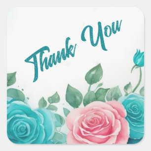 Teal & Pink Rose Watercolor Thank You Square Sticker