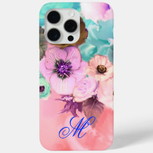 TEAL PINK ROSES AND ANEMONE FLOWERS MONOGRAM iPhone 15 PRO MAX CASE