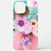 TEAL PINK ROSES AND ANEMONE FLOWERS MONOGRAM