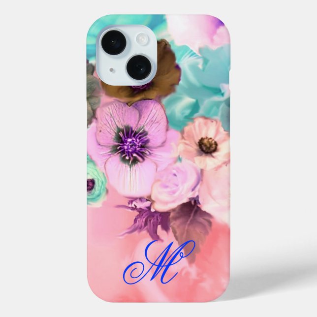 TEAL PINK ROSES AND ANEMONE FLOWERS MONOGRAM Case-Mate iPhone CASE (Back)