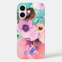TEAL PINK ROSES AND ANEMONE FLOWERS MONOGRAM