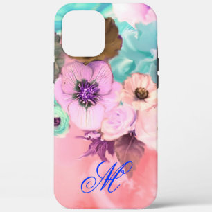 TEAL PINK ROSES AND ANEMONE FLOWERS MONOGRAM iPhone 12 PRO MAX CASE