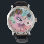 TEAL PINK ROSES AND ANEMONE FLOWERS MONOGRAM WATCH<br><div class="desc">Elegant white aqua blue teal  roses and yellow pink anemones on hot pink background with printed pink gemstones.</div>
