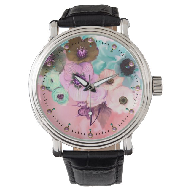 TEAL PINK ROSES AND ANEMONE FLOWERS MONOGRAM WATCH (Front)
