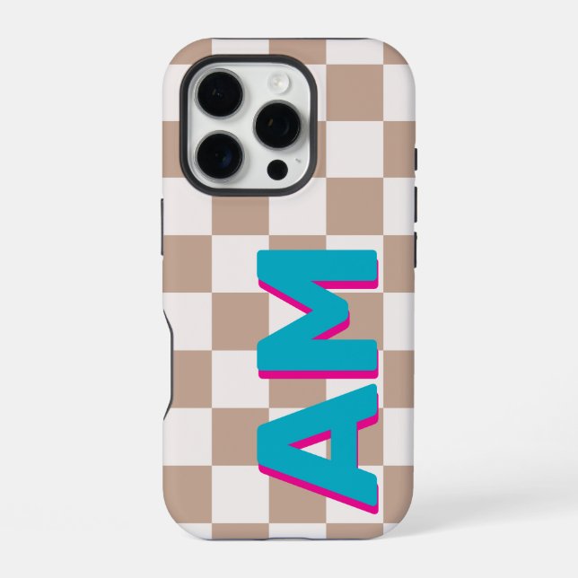 Teal Pink Shadow Monogram Beige Chequerboard iPhone Case (Back)