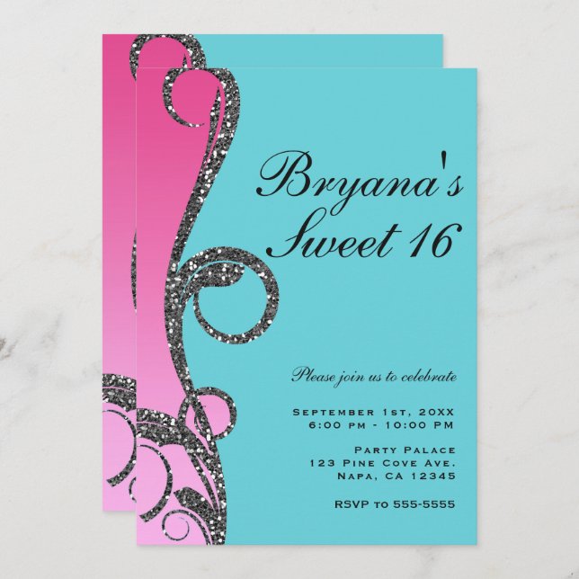 Teal & Pink Silver Glitter Swirl Sweet 16 Party Invitation (Front/Back)