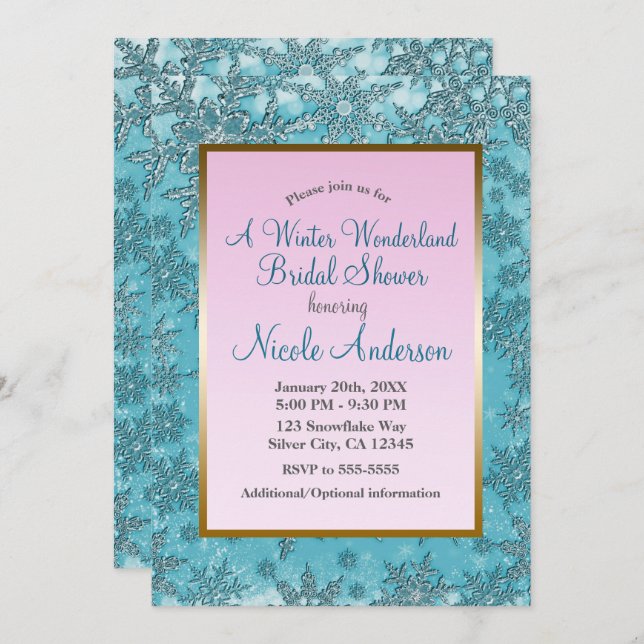 Teal Pink Snowflakes Winter Bridal Shower Invitation (Front/Back)