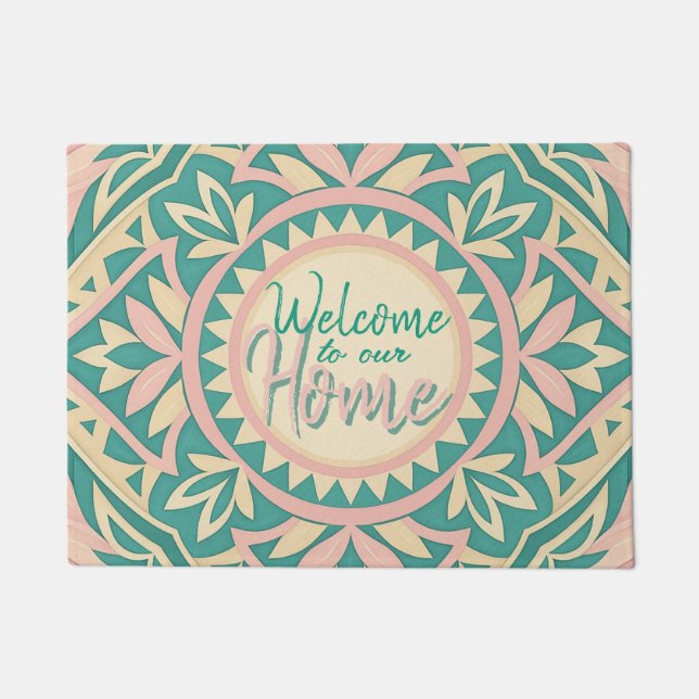 Teal & Pink Spring Garden  Doormat (Front)
